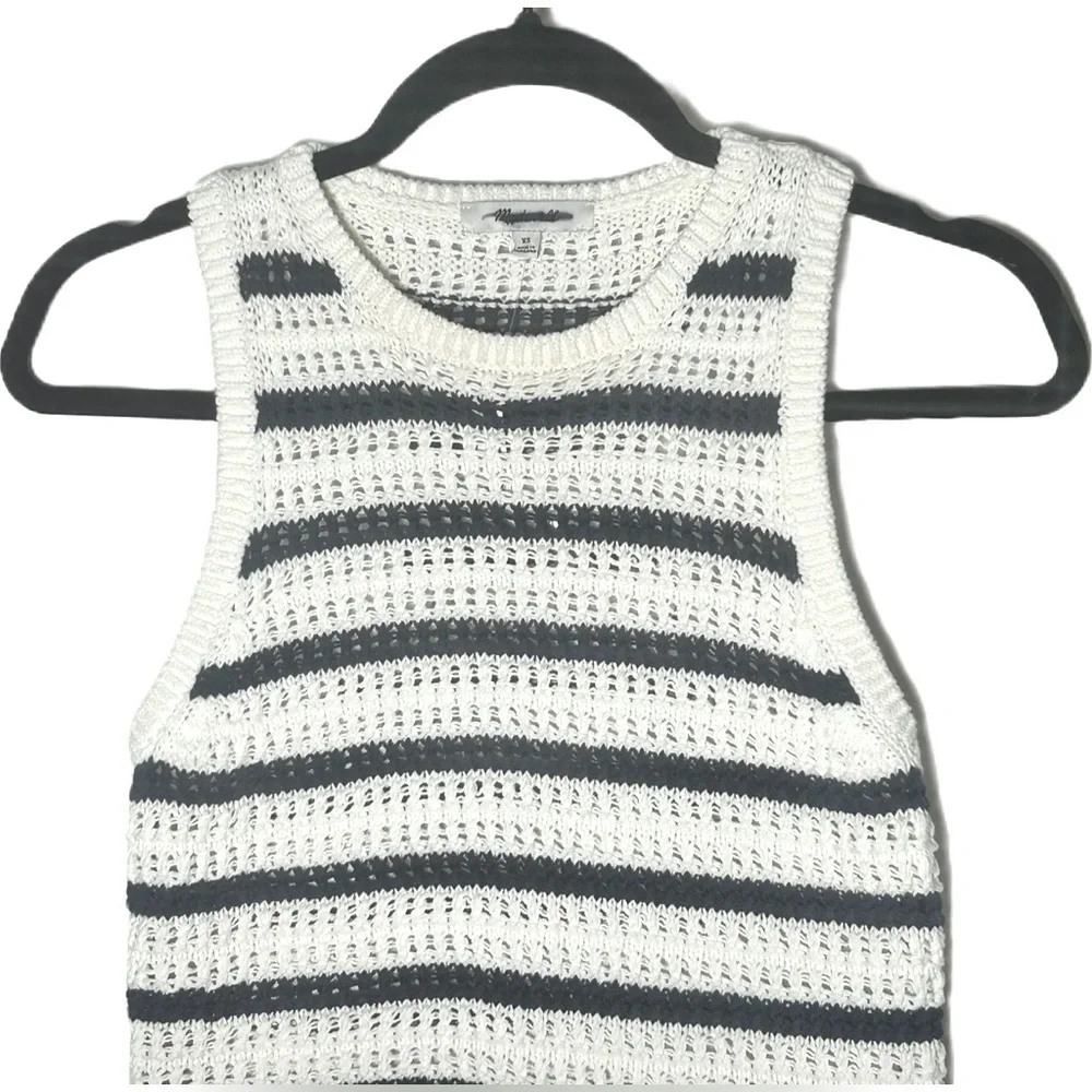 NWT Madewell Crochet-Knit Cotton Crewneck Sweater Tank in Navy Blue & Ivory, XS